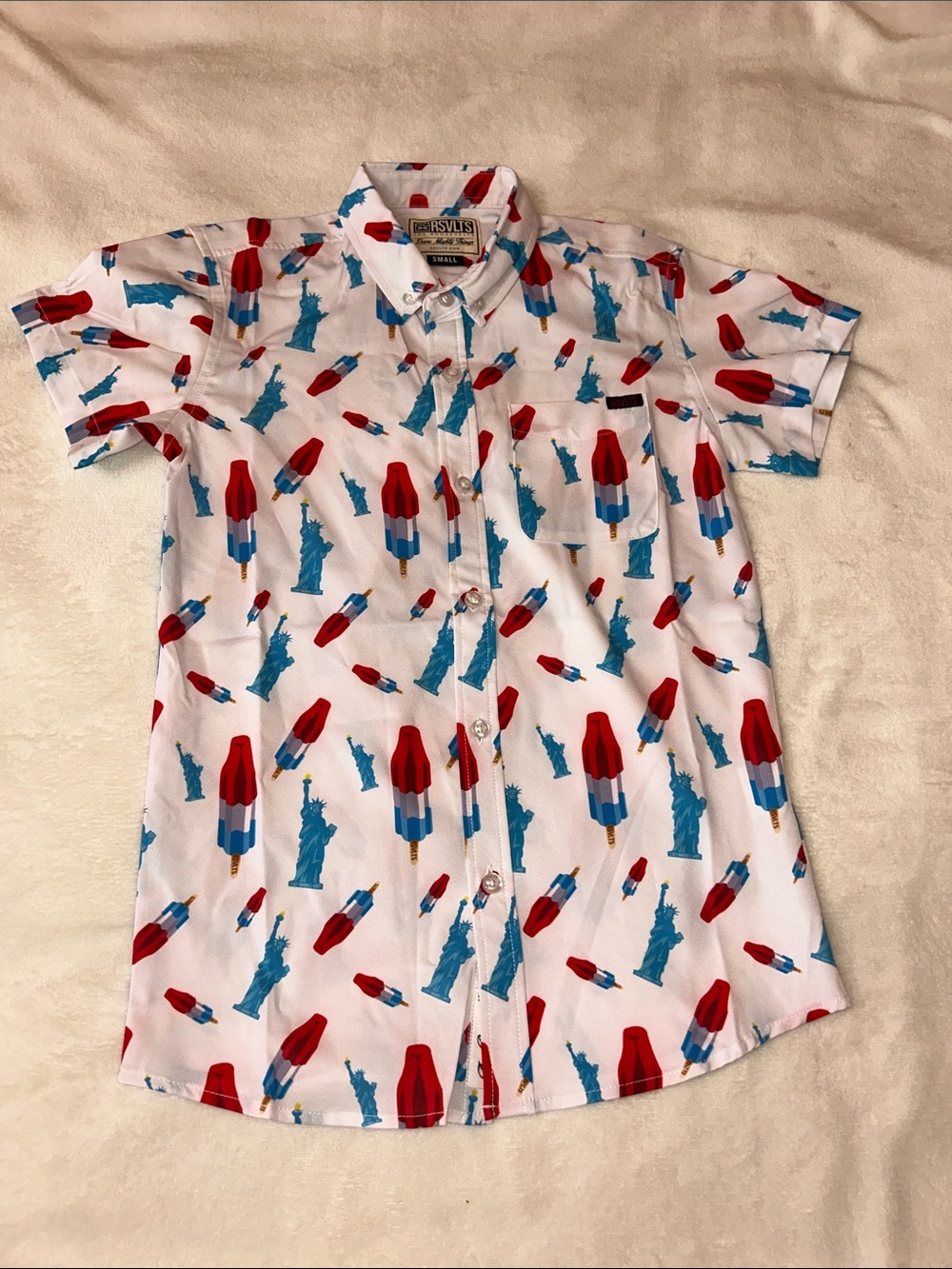 RSVLTS White Short-Sleeve Button-Down with Red & Blue Popsicle and Statue Print